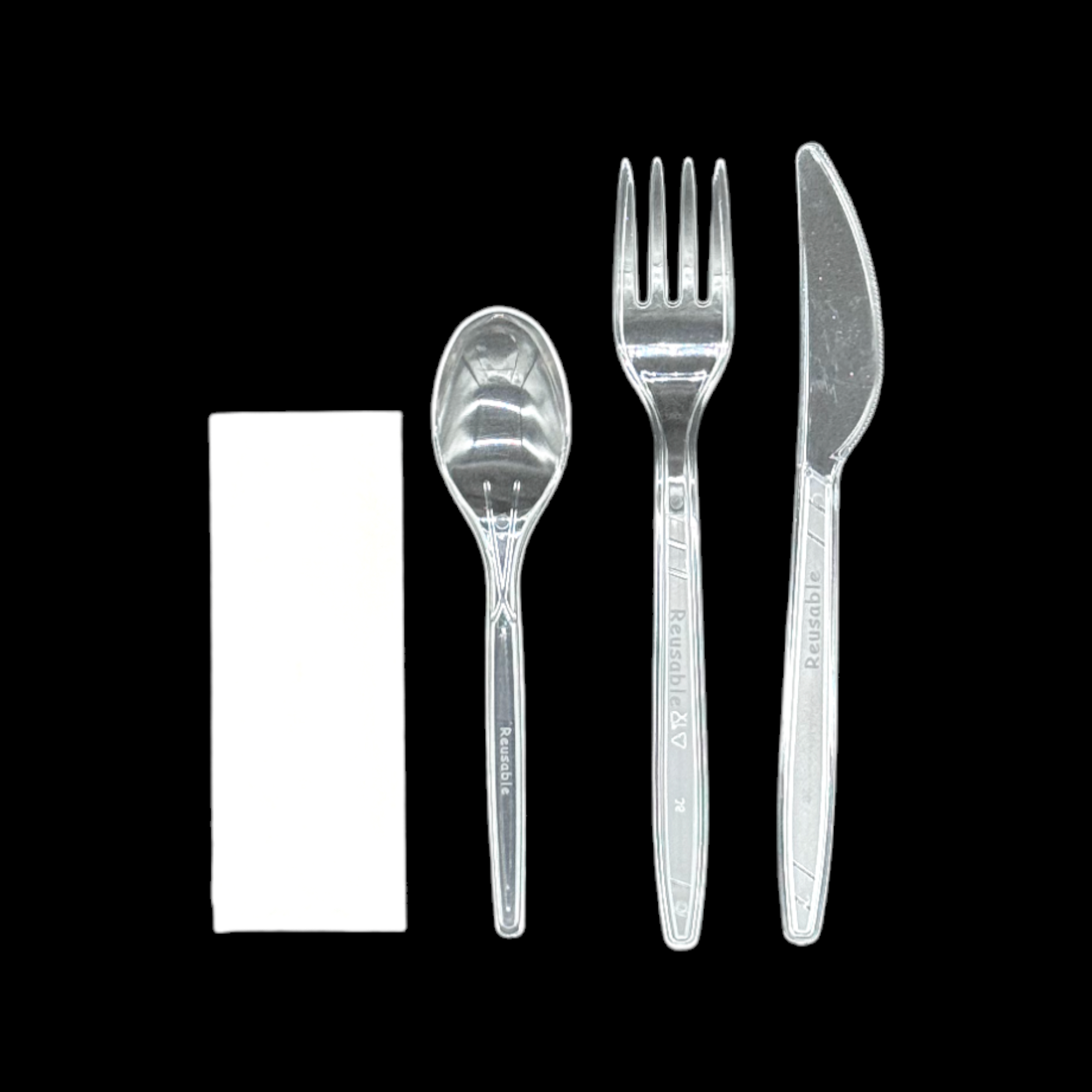 Kit 4/1 fourchette 180 mm + couteau 180 mm + cuillère à dessert  140 mm en plastique cristal réutilisable + serviette 2 plis